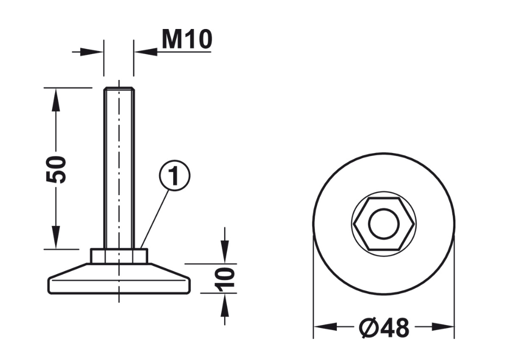 M10 Verstellschraube, drehbar mit Kunststoff-Fußteller   