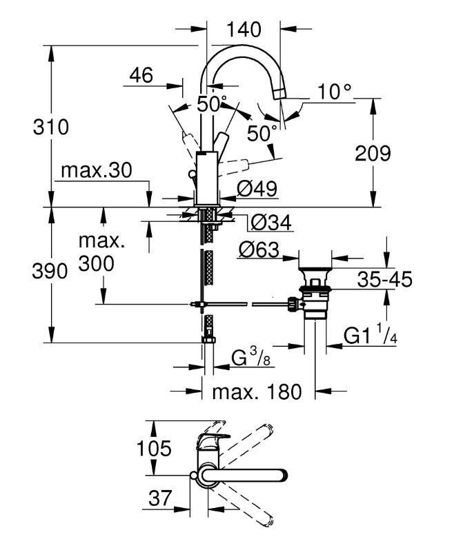 GROHE EH-WT-Batterie Bauflow 23753  L-Size verchromt 