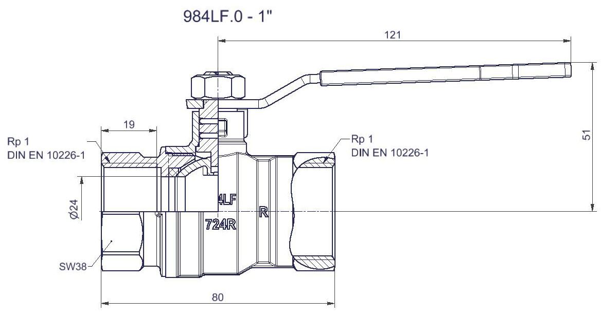 comfort-Kugelhahn Universal bleifrei Gas und Trinkw. DN 25 (1") Hebelgr. Ms/vc 