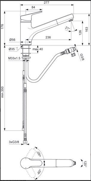 sanibel 1001-Spültisch-Batterie A16 mit ausziehbarer Brause Schwenkbar verchromt Niederdruck