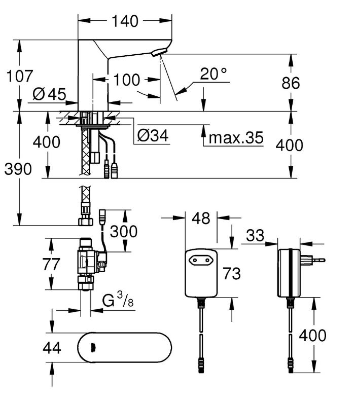 GROHE IR-Elektronik für WT Euroeco CE 36269 mit Steckertrafo 230V chrom mit oder ohne Mischung